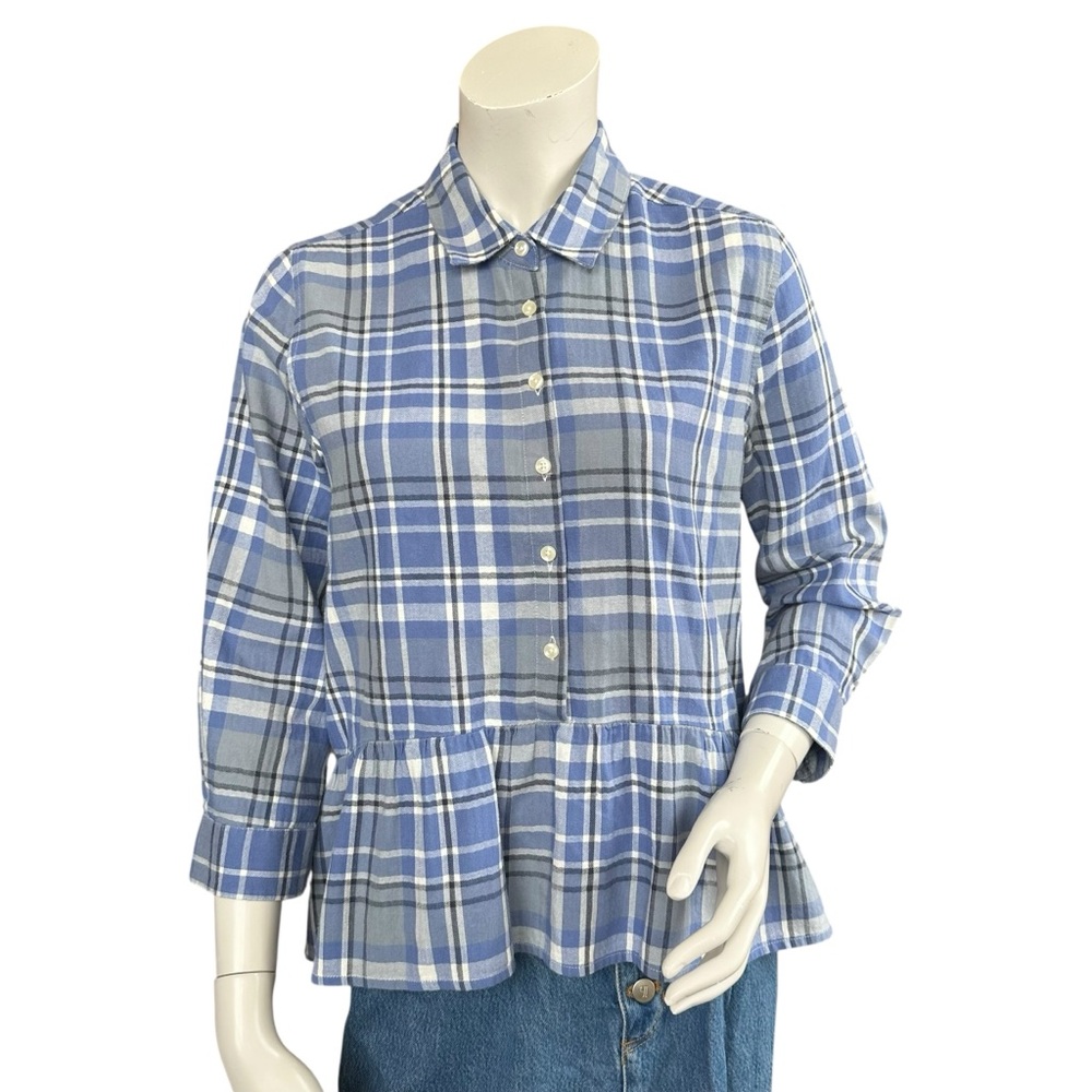 Birds Of Paradis Trovata Gray White Blue Plaid Peplum Blouse Size Small
